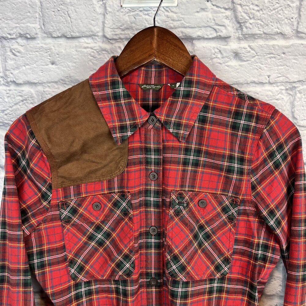 Eddie Bauer Button Up Shirt Red Plaid Flannel Faux Leather Shoulder Patch Medium